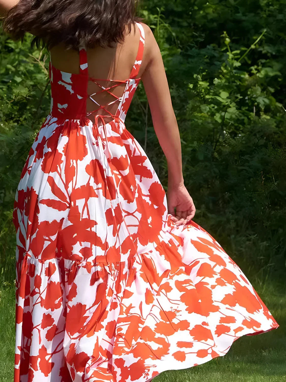 Red Blooming In Floral Print Cami Long Dress