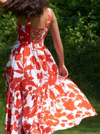 Red Blooming In Floral Print Cami Long Dress