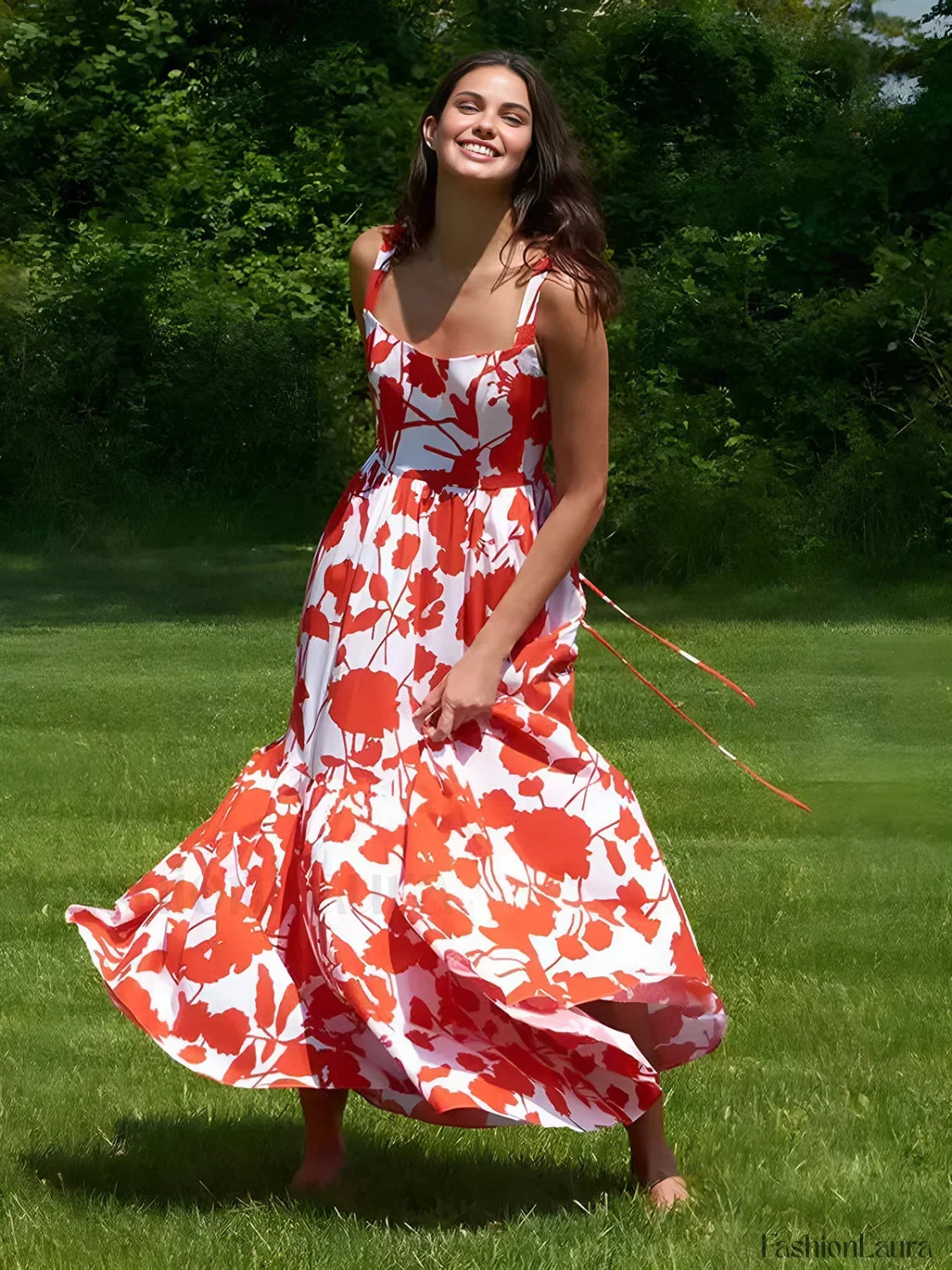 Red Blooming In Floral Print Cami Long Dress