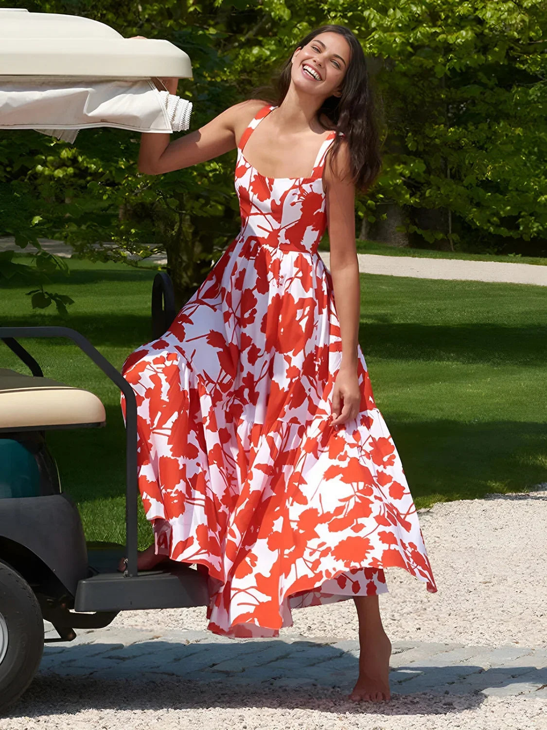 Red Blooming In Floral Print Cami Long Dress