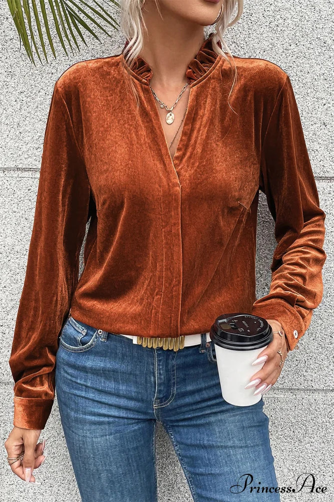 Blouse Frilled Flame Gold Velvet with Collar