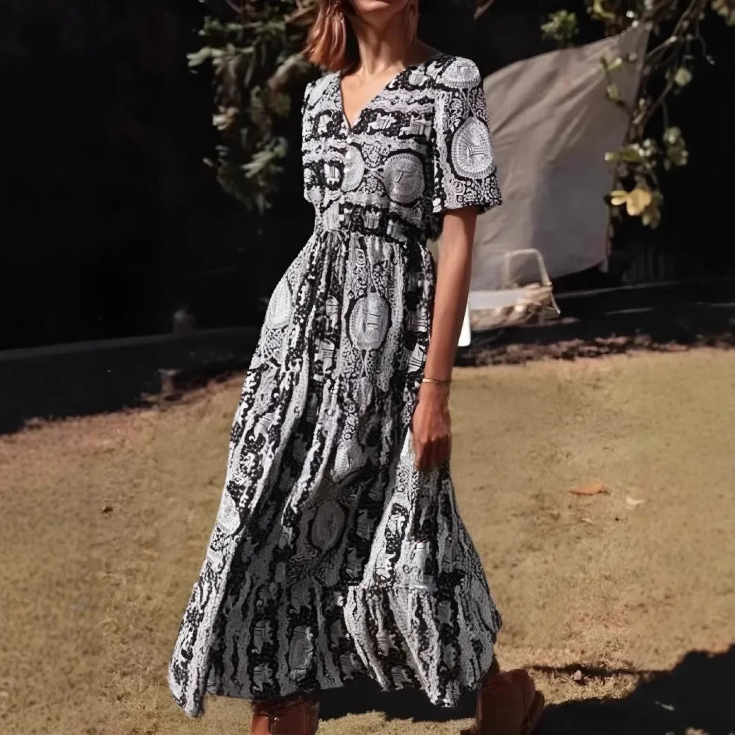 Blue Floral Print Ruffles Sleeve Rayon A-line Beach Maxi Boho Dress