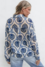 Blue Floral Printed Long Sleeve V-Neck Boho Blouse