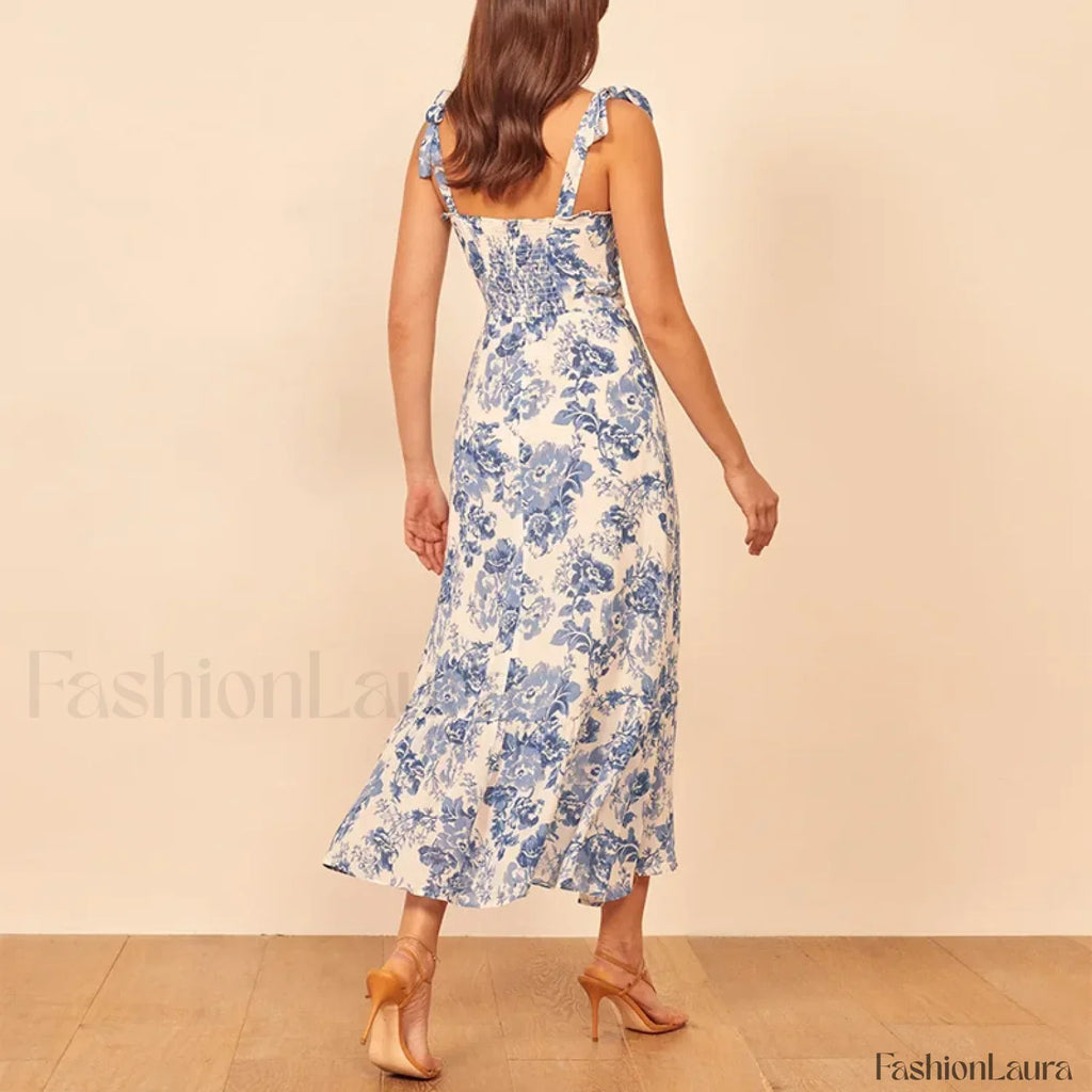 Blue Floral Tie-Strap Midi Dress