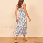 Blue Floral Tie-Strap Midi Dress