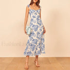 Blue Floral Tie-Strap Midi Dress