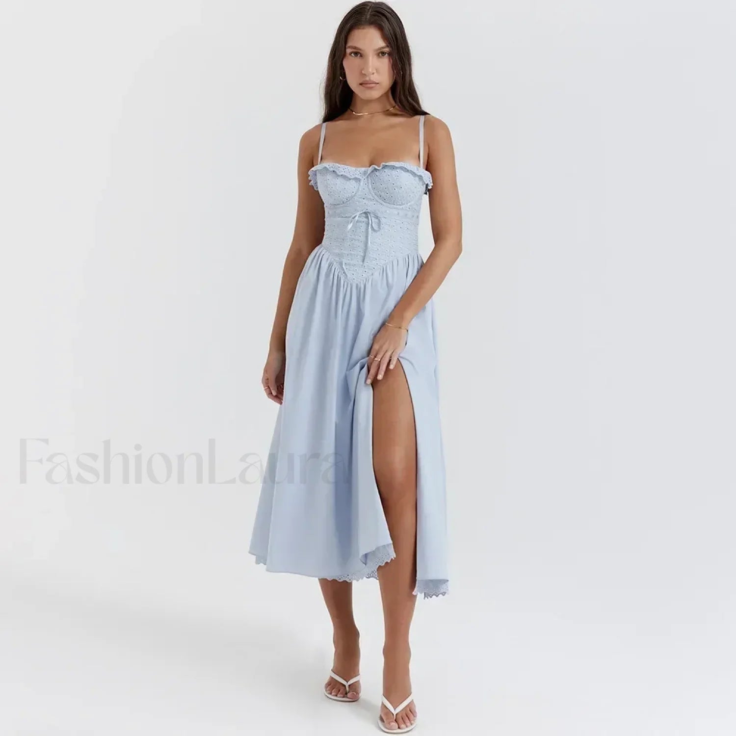 Blue High-Split Lace-Up Midi Dress