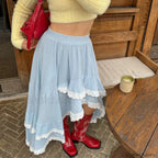 Blue Lace Patchwork Asymmetric Skirt