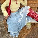 Blue Lace Patchwork Asymmetric Skirt