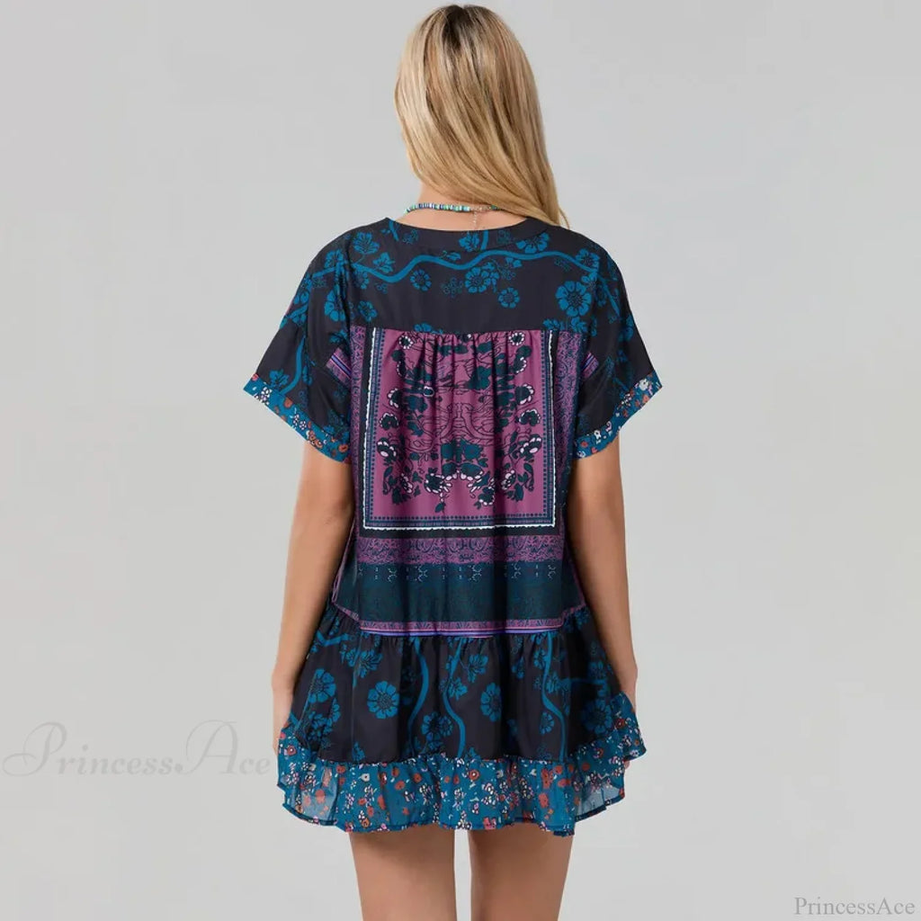 Bohemian Beach Floral Print Flowy Dress with Pockets