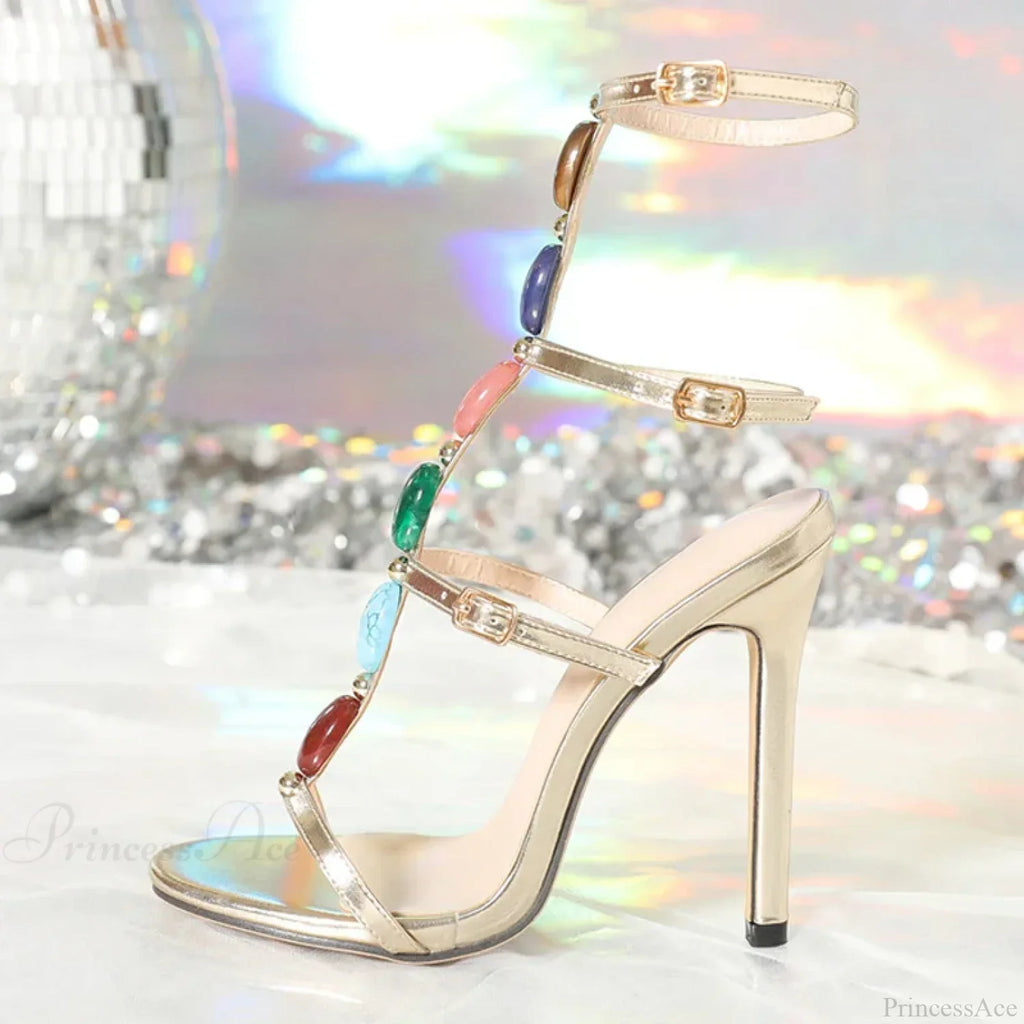 Bohemian Colourful Gem Strap Gladiator High Heels Open-Toe Wedding Banquet SummerFashion High Heel
