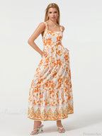 Bohemian Floral Geometric Print Flow Tank Square Neck Sleeveless A-Line Dress