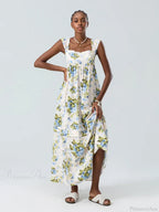 Bohemian Floral Tank Back Tied Square Neck Ruffle Flowy Floral Dress