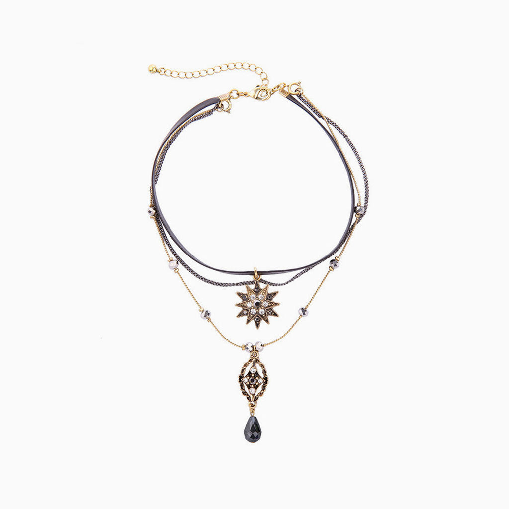 Black Layered Necklace with Rhinestone Pendant Charm