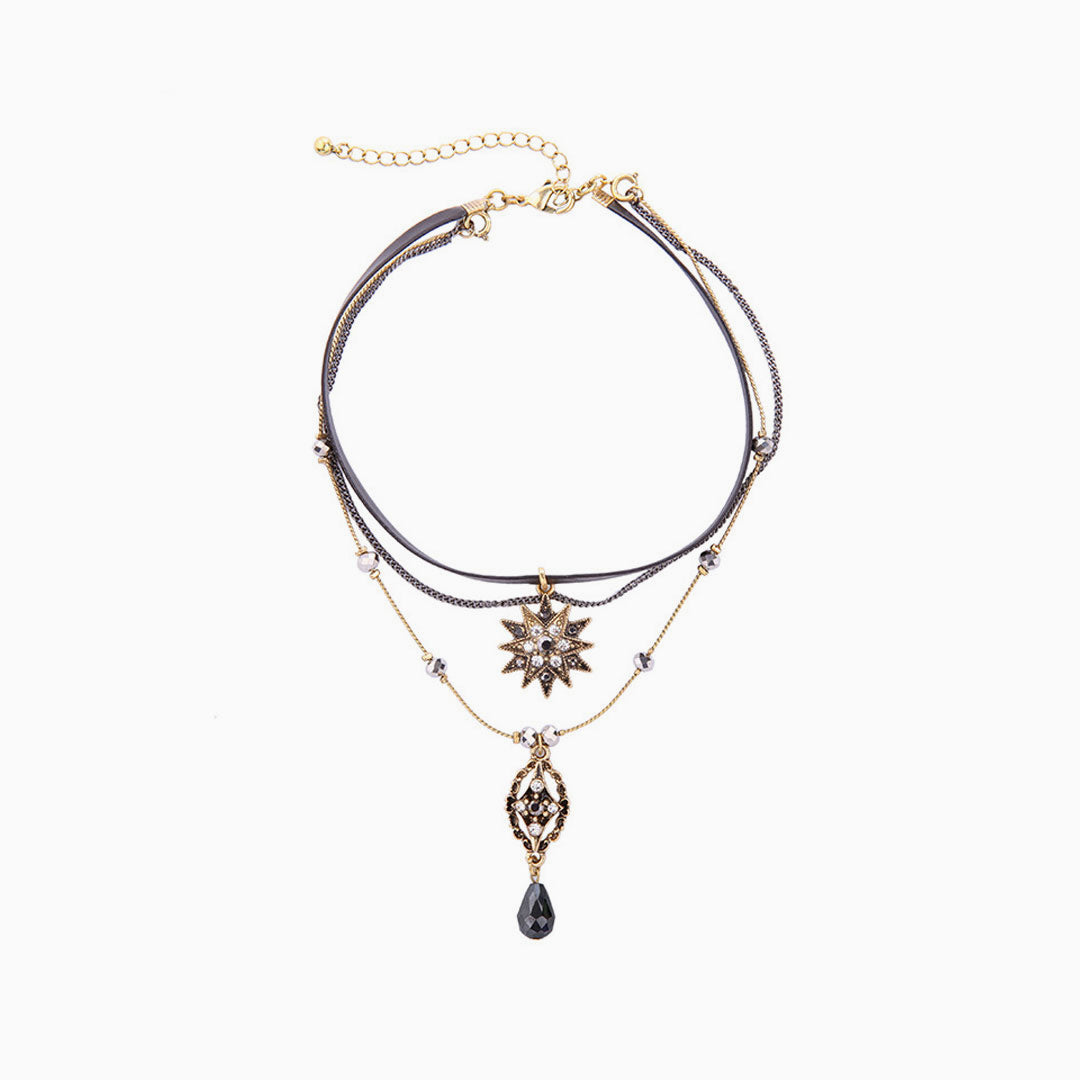 Black Layered Necklace with Rhinestone Pendant Charm