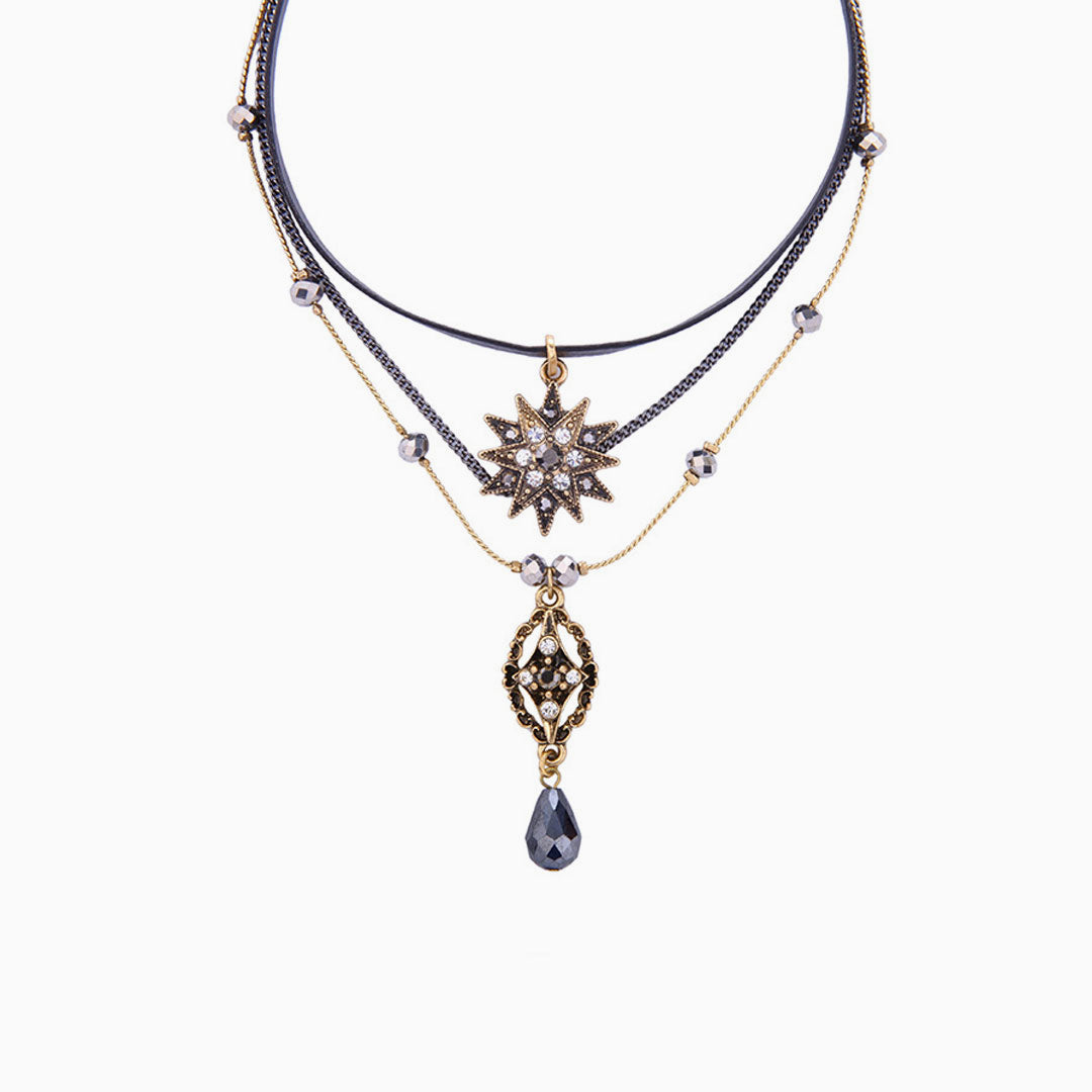 Black Layered Necklace with Rhinestone Pendant Charm