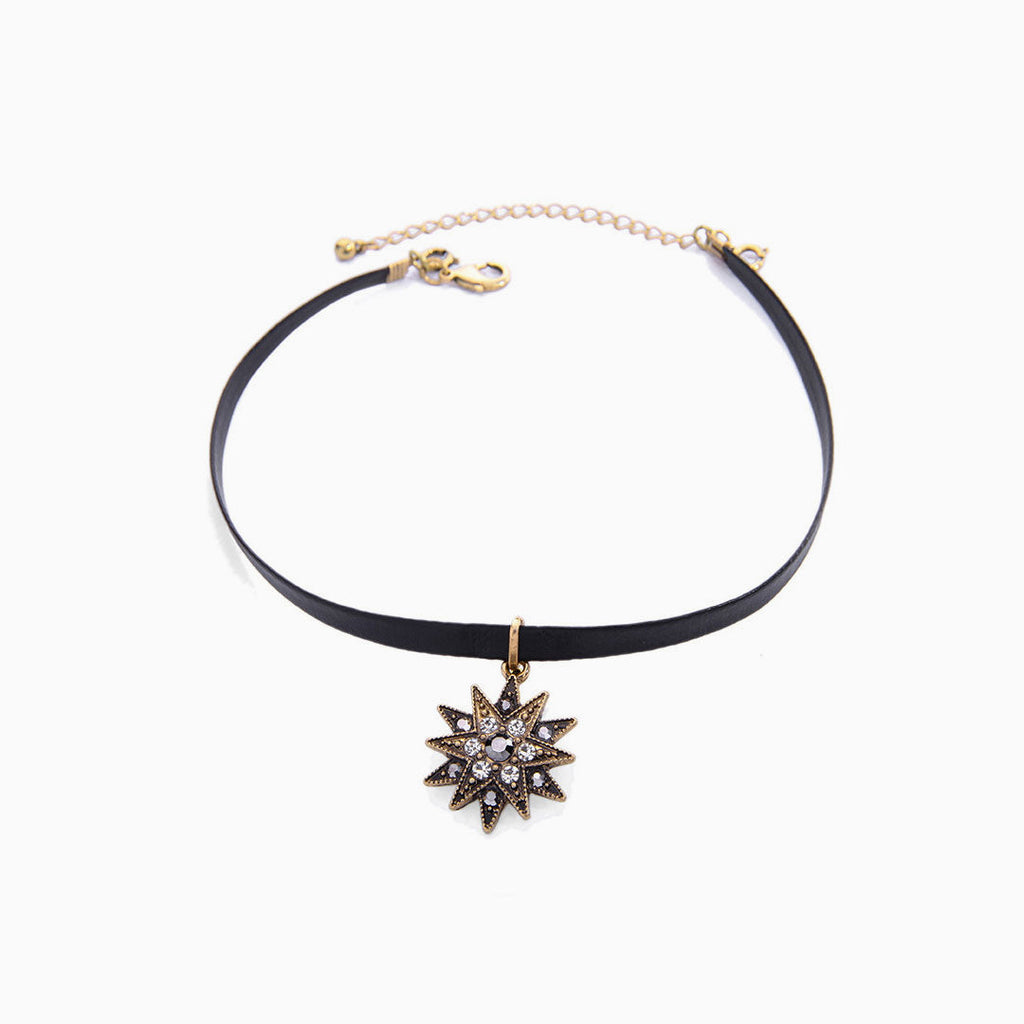 Black Layered Necklace with Rhinestone Pendant Charm