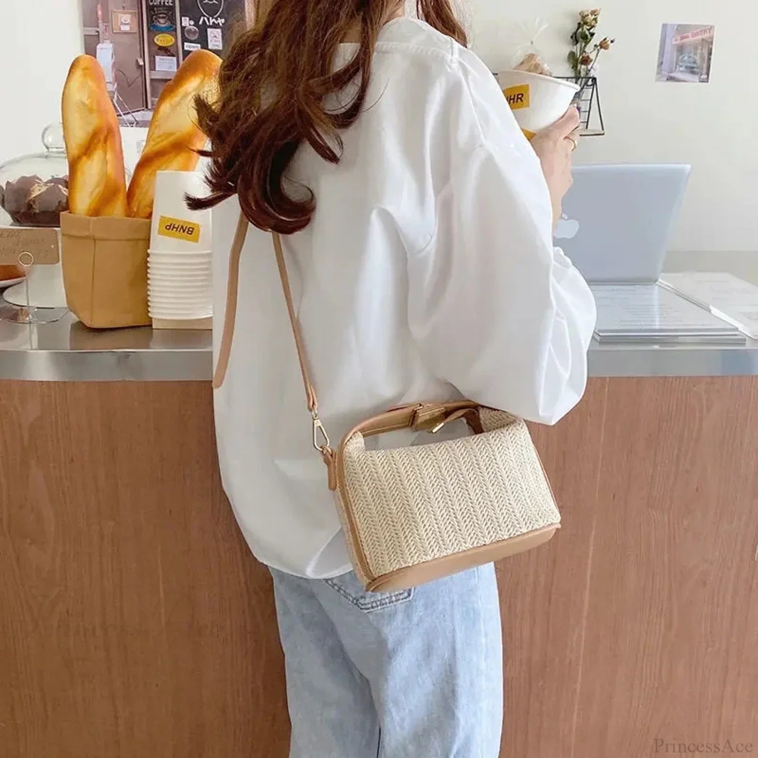 Bohemian Straw Crossbody Bucket Beach Handbag