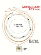Turquoise and Pearl Layered Necklace with Bohemian Sunburst 디자인