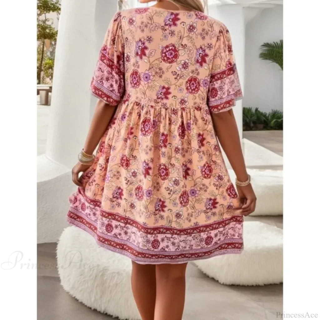 Boho Beach Floral Print Mini Floral Dress