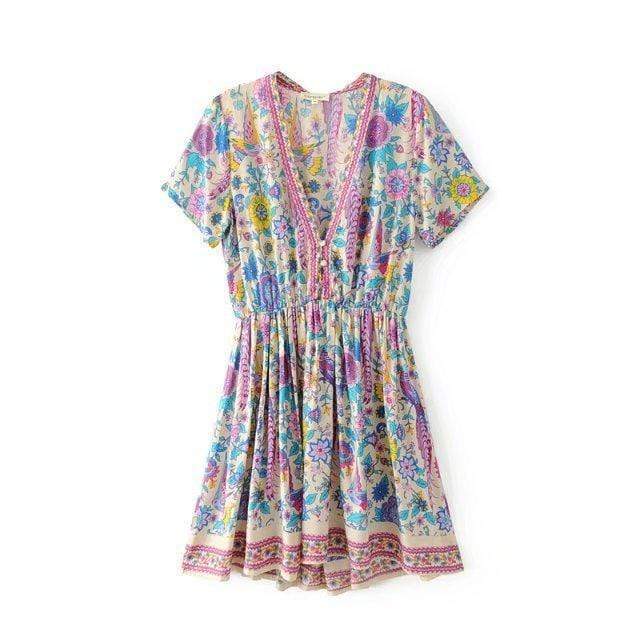 Bohemian Floral Paisley Deep V-Neck Button Front Babydoll Mini Dress