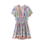 Bohemian Floral Paisley Deep V-Neck Button Front Babydoll Mini Dress