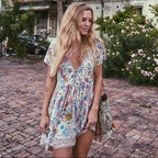 Bohemian Floral Paisley Deep V-Neck Button Front Babydoll Mini Dress