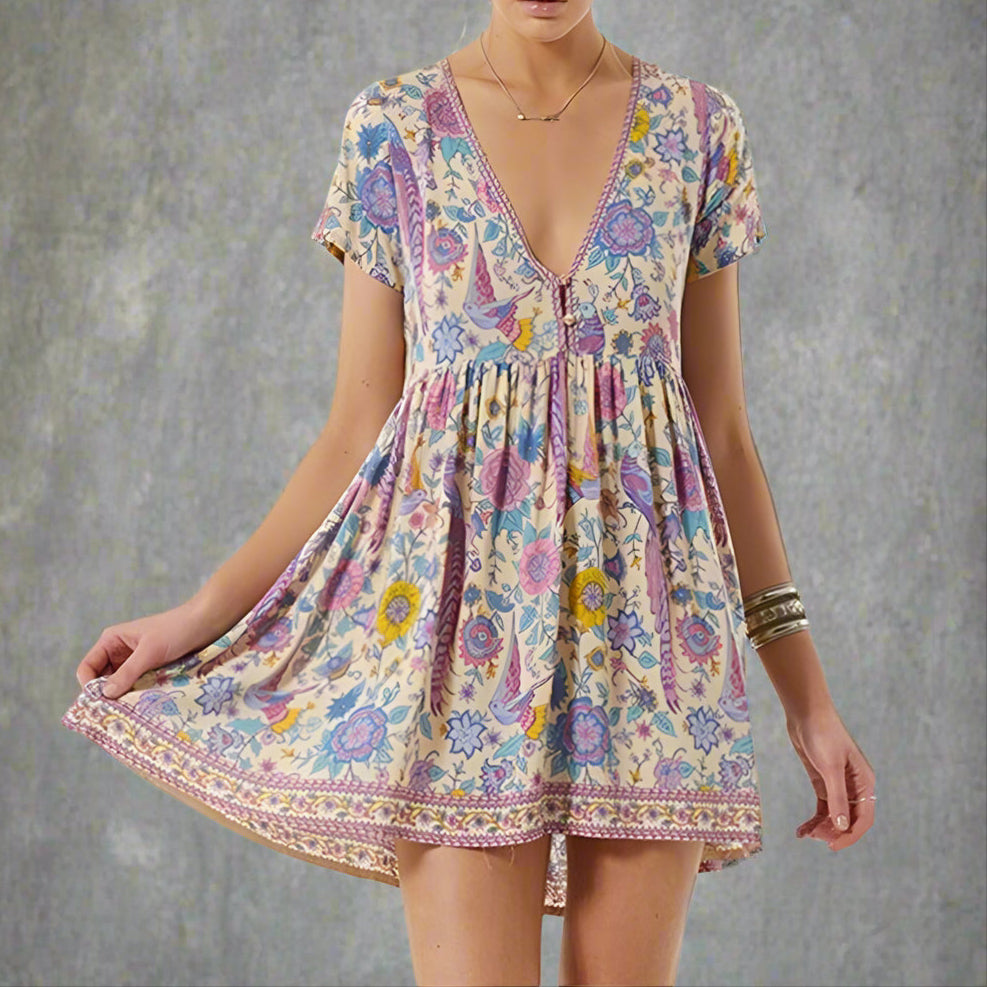 Bohemian Floral Paisley Deep V-Neck Button Front Babydoll Mini Dress