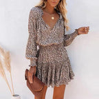 Print Bishop Sleeve Smocked Waist Tiered Ruffle Mini Dress