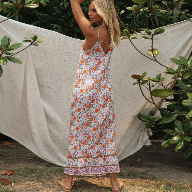 Deep V-Neck Spaghetti Strap Floral Border Hem Boho Maxi Dress