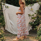 Deep V-Neck Spaghetti Strap Floral Border Hem Boho Maxi Dress
