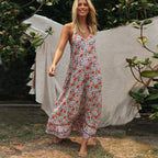Deep V-Neck Spaghetti Strap Floral Border Hem Boho Maxi Dress