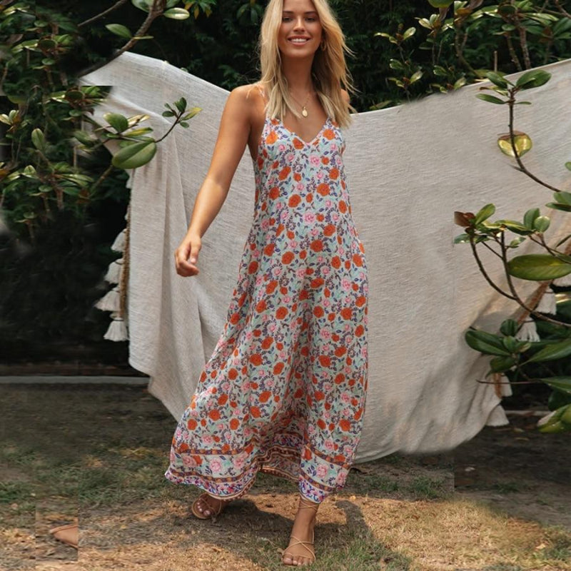 Deep V-Neck Spaghetti Strap Floral Border Hem Boho Maxi Dress