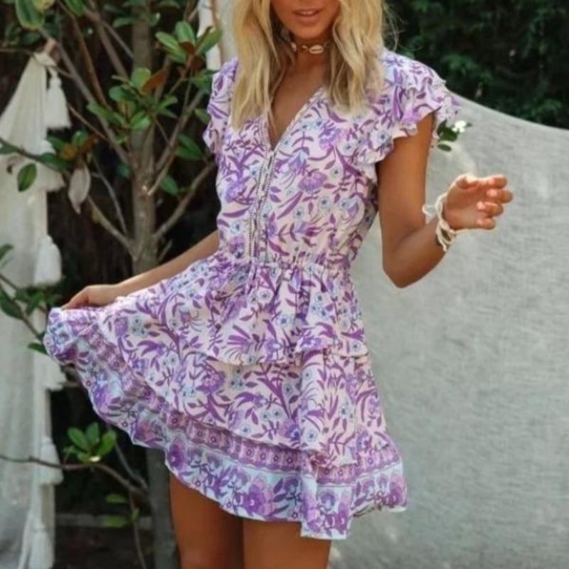 Bohemian Floral Flutter Sleeve V-Neck Tiered Ruffle Mini Dress