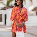 Tropical Floral Print Deep V-Neck Kimono Sleeve Wrap Tiered Ruffle Mini Dress