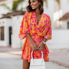 Tropical Floral Print Deep V-Neck Kimono Sleeve Wrap Tiered Ruffle Mini Dress