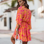Tropical Floral Print Deep V-Neck Kimono Sleeve Wrap Tiered Ruffle Mini Dress