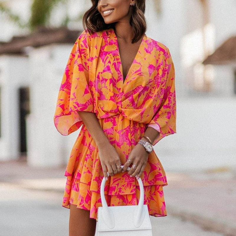 Tropical Floral Print Deep V-Neck Kimono Sleeve Wrap Tiered Ruffle Mini Dress