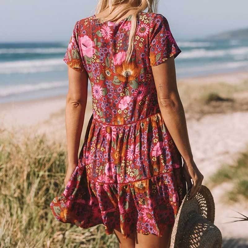 Daisy Floral Print V-Neck Button Front Tiered Ruffle Hem Mini Dress