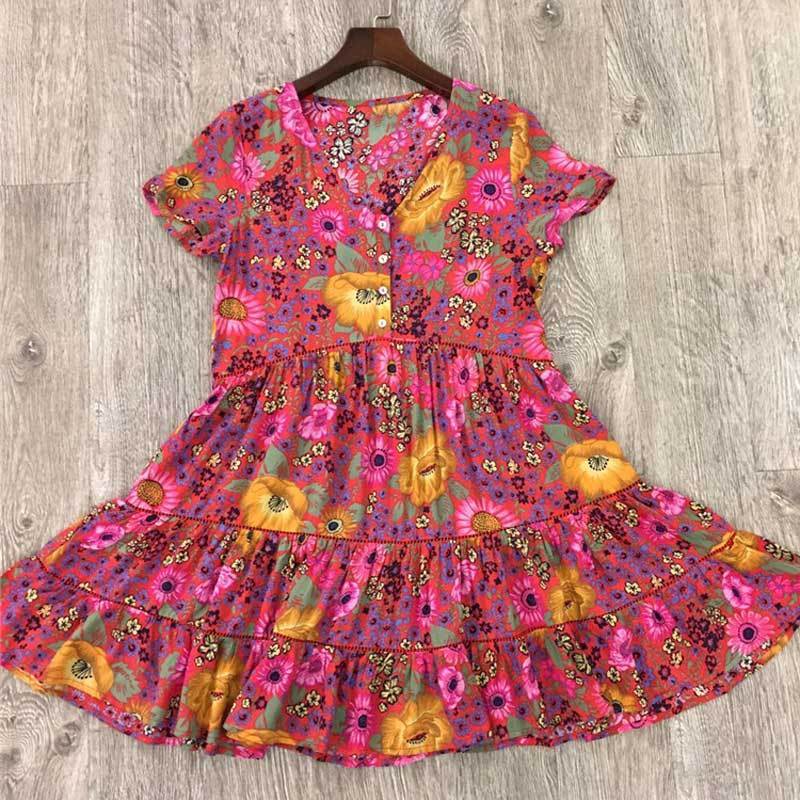 Daisy Floral Print V-Neck Button Front Tiered Ruffle Hem Mini Dress