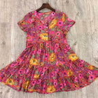 Daisy Floral Print V-Neck Button Front Tiered Ruffle Hem Mini Dress