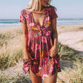Daisy Floral Print V-Neck Button Front Tiered Ruffle Hem Mini Dress