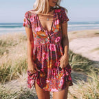 Daisy Floral Print V-Neck Button Front Tiered Ruffle Hem Mini Dress