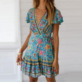 Bohemian Floral Paisley Wrap Flutter Sleeve Ruffled Hem Mini Dress