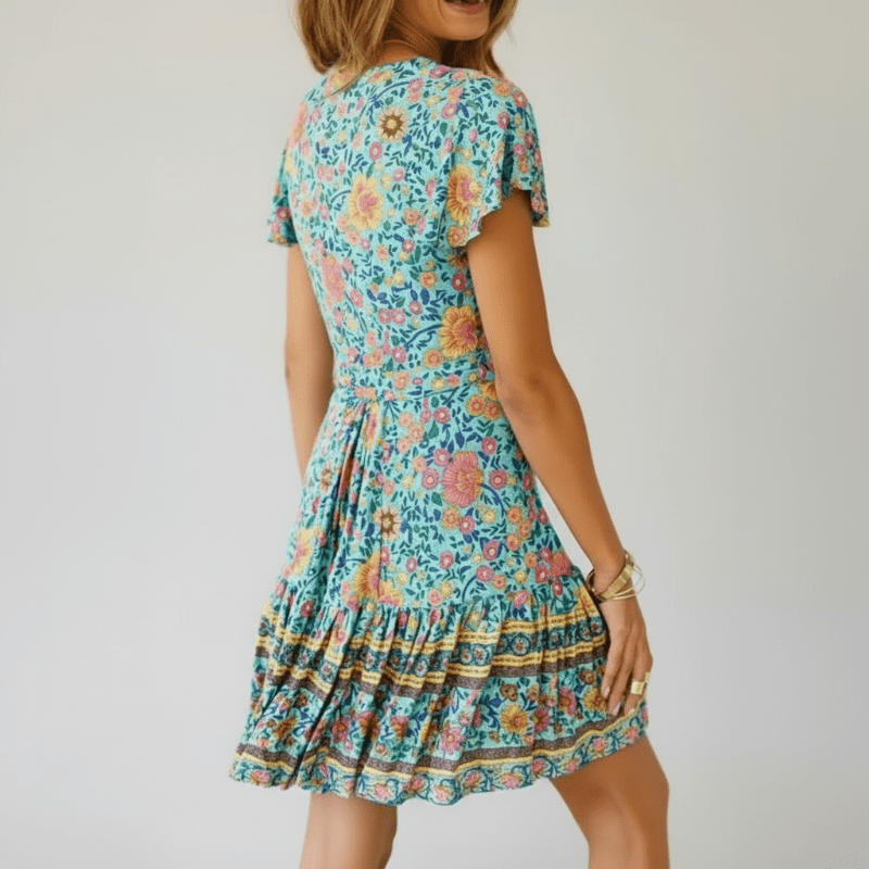 Bohemian Floral Paisley Wrap Flutter Sleeve Ruffled Hem Mini Dress