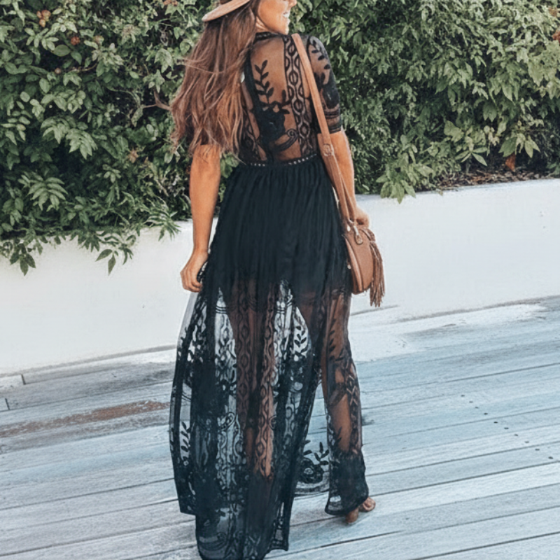 Lace Deep V-Neck Flutter Sleeve High Split Sheer Overlay Maxi Dress