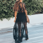 Lace Deep V-Neck Flutter Sleeve High Split Sheer Overlay Maxi Dress