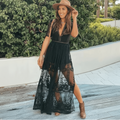 Lace Deep V-Neck Flutter Sleeve High Split Sheer Overlay Maxi Dress