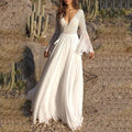 Lace Crochet Bodice Lace Up Tassel Trim Bell Sleeve Flowy Maxi Dress