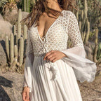 Lace Crochet Bodice Lace Up Tassel Trim Bell Sleeve Flowy Maxi Dress